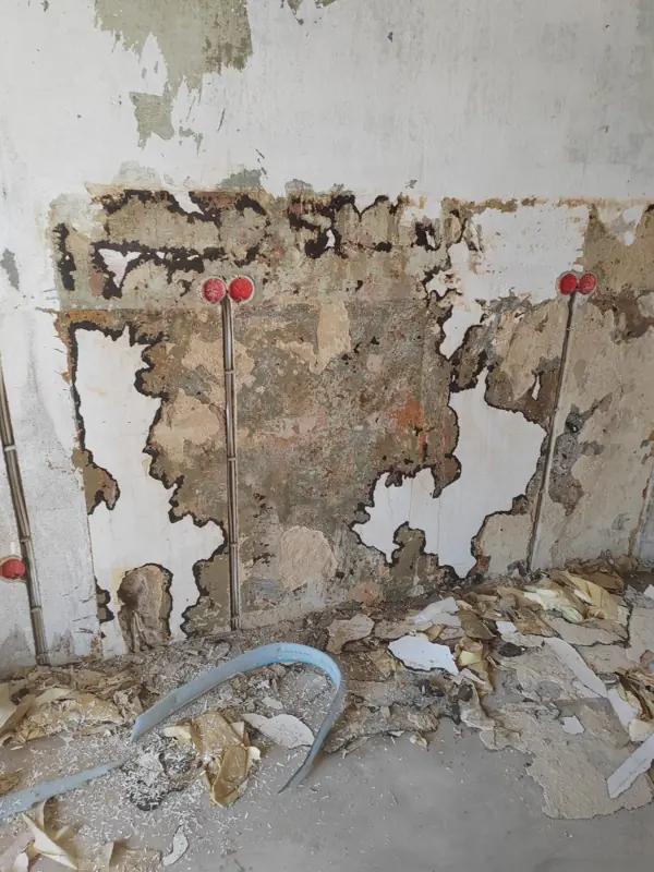 Entkernte Wand mit freigelegtem Mauerwerk